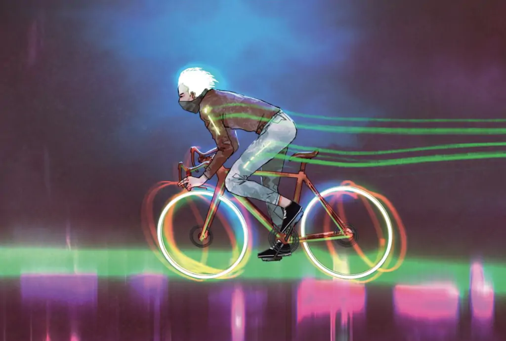A futuristic cyclist riding through a neon-lit landscape.