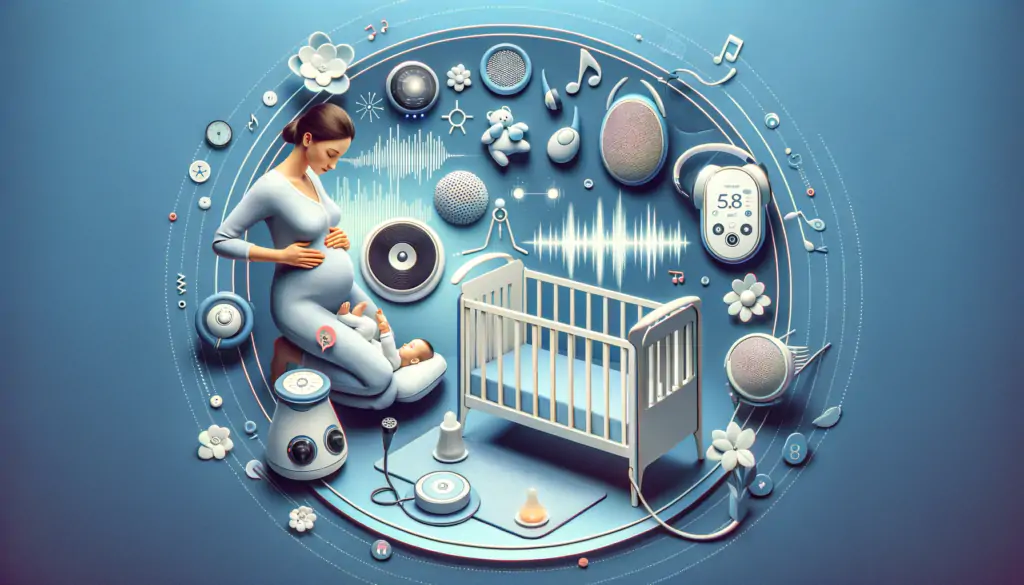 Realistic image showing a parent using alternative baby sleep techniques like sound therapy and a smart crib, highlighting modern sleep innovations.