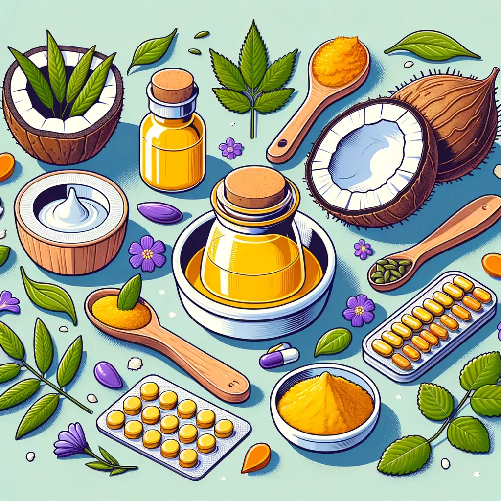 Image of coconut oil, neem leaves, turmeric, and supplements for natural gum health remedies.