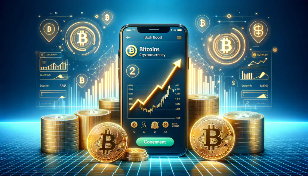 A smartphone displaying the Cash App interface with Bitcoin transactions, encircled by cryptocurrency symbols and upward trending graphs, set against a futuristic, tech-oriented background.