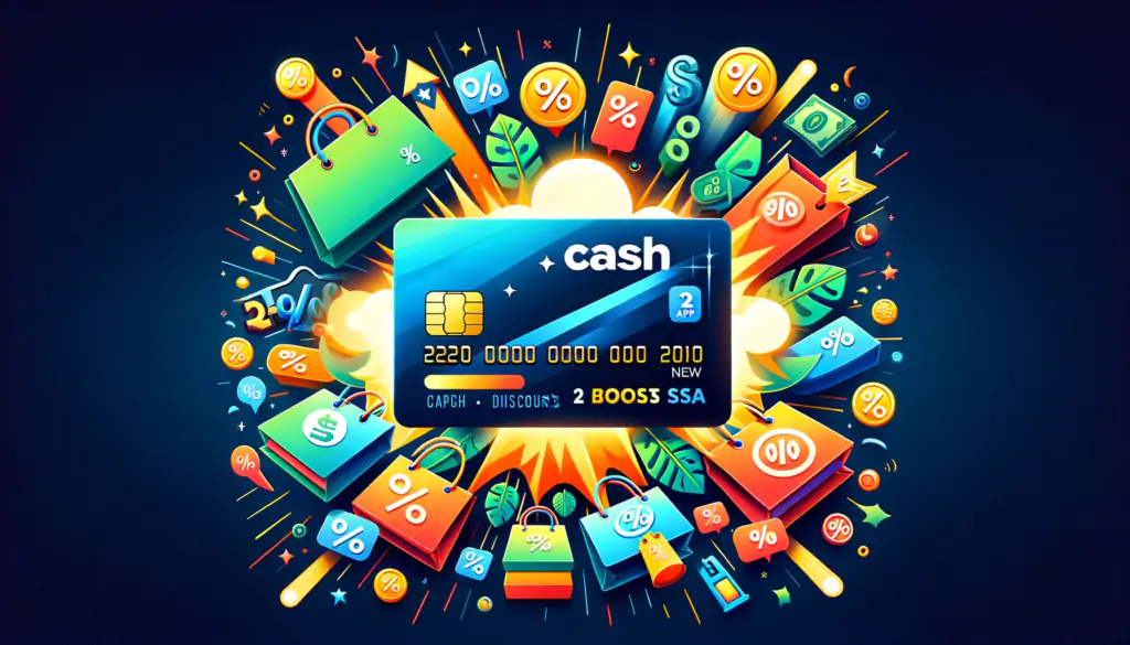 A Cash Card amidst vibrant shopping and discount symbols like percentage signs and shopping bags, symbolizing the diverse savings through Cash App Boosts against a dynamic, colorful background.