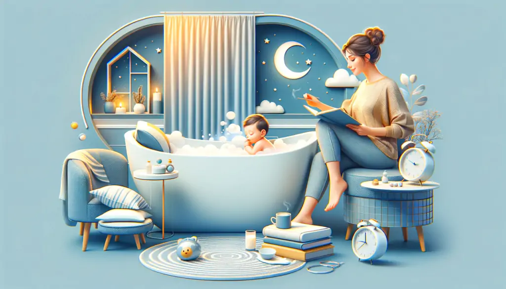 Image showing a parent engaging in a calming bedtime routine with their baby, including activities like giving a warm bath and reading a bedtime story