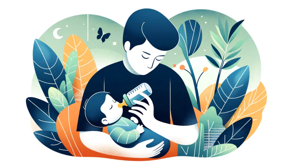 Realistic image of a parent feeding a baby with a bottle, highlighting comforting strategies before bedtime in a nurturing environment.