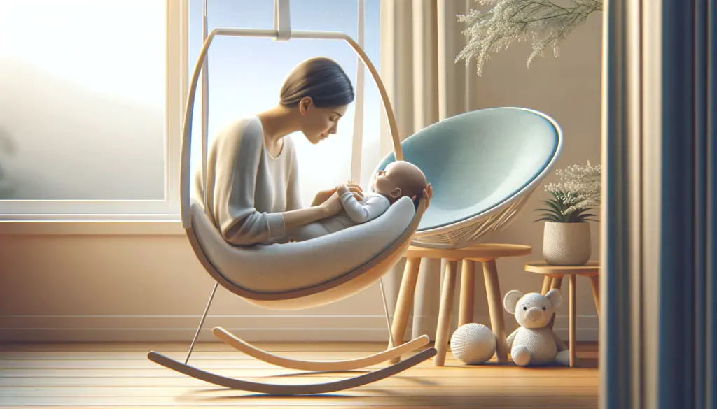 Image depicting a caregiver gently rocking and cuddling a baby in a calming nursery, showcasing gentle physical methods for soothing a baby to sleep.