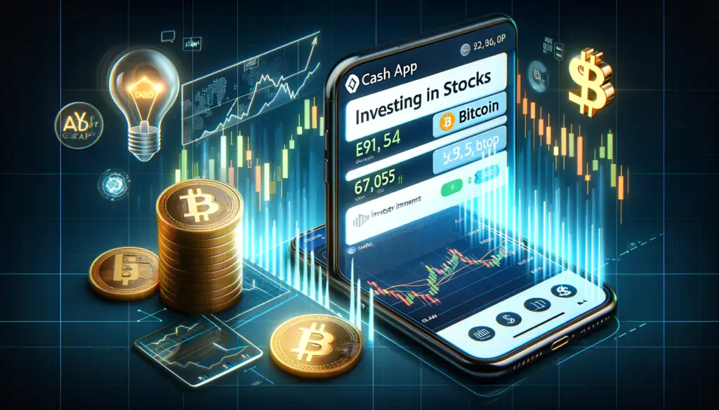 A sophisticated and futuristic depiction of a dynamic financial market, with a smartphone showing the Cash App interface for stock and Bitcoin investments, 