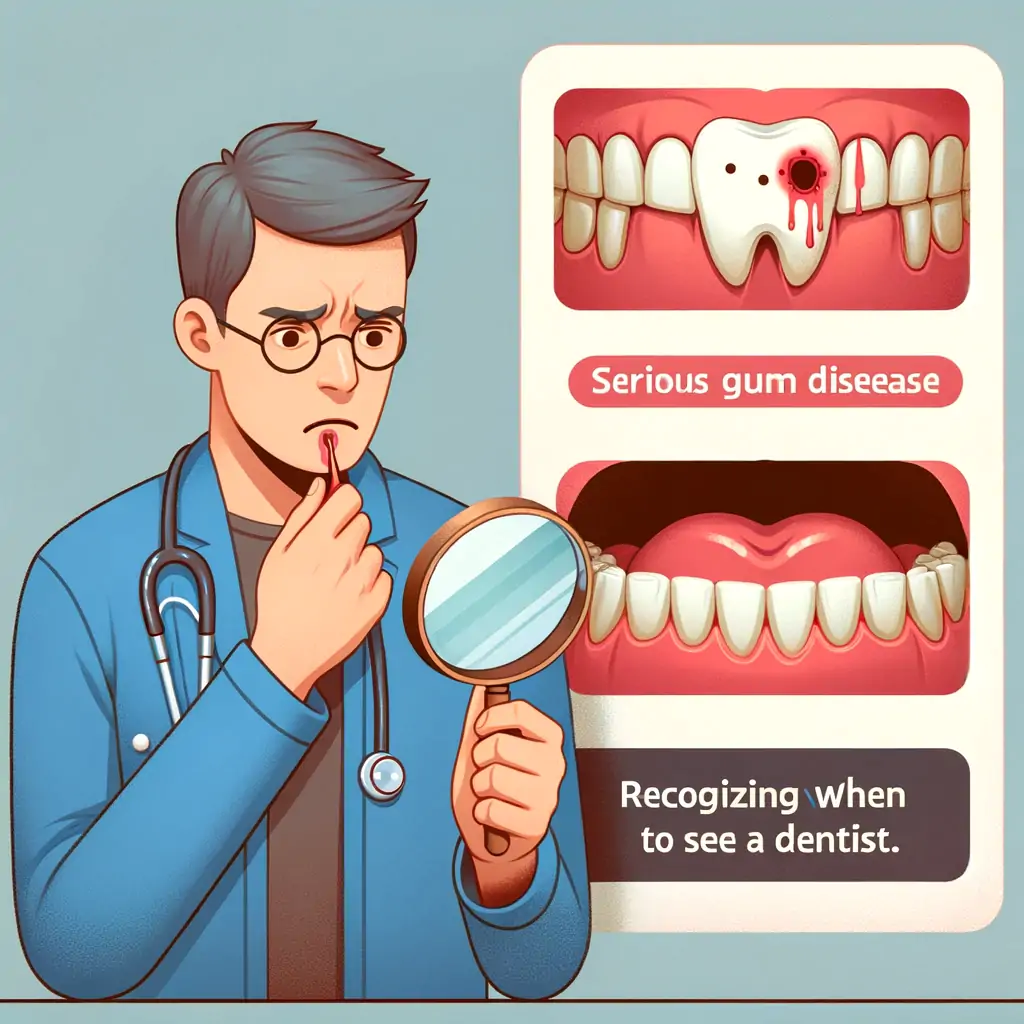 Person examining gums in a mirror, showing signs of severe gum disease, with a note to visit a dentist."