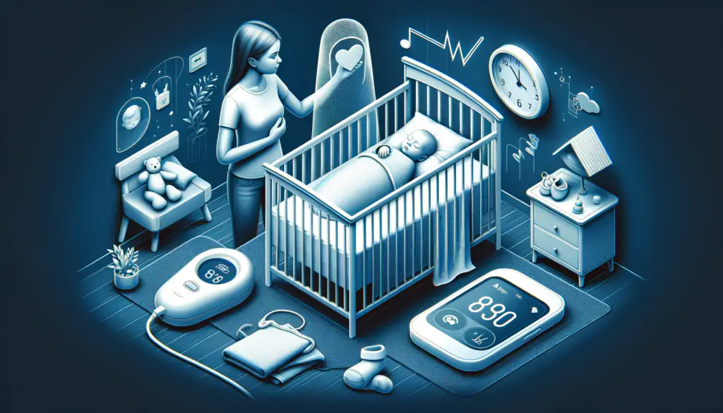 Image showcasing a safe baby sleep environment with a parent checking a baby monitor, highlighting key safety elements like a firm mattress and no loose bedding.