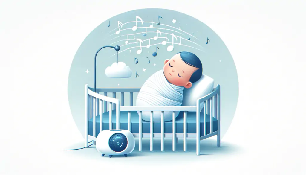 Image of a peacefully swaddled baby in a crib with a white noise machine and a mobile playing soft lullabies, illustrating swaddling and soothing sounds.