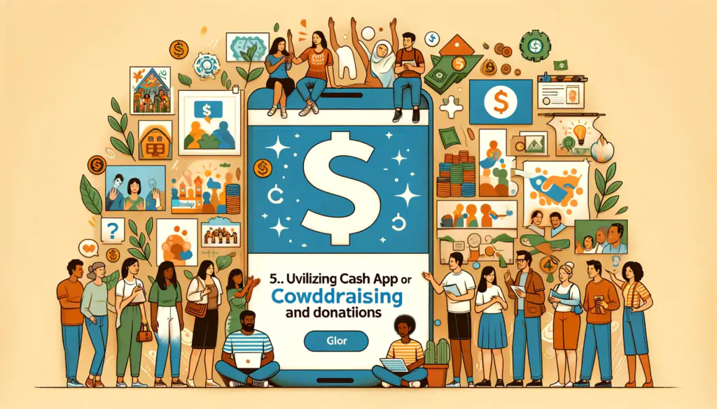 A collage of diverse individuals contributing to a collective fund, symbolized by a central Cash App logo, surrounded by images of art projects, community events, and charity causes, set against a warm, community-focused background.