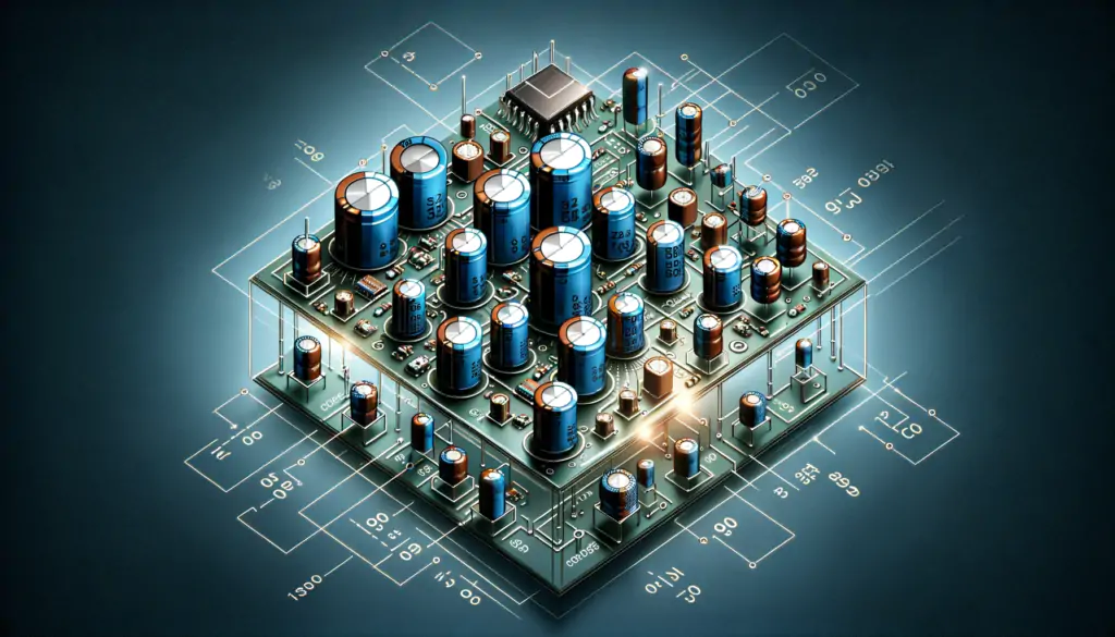 Updated digital illustration showing a varied perspective of an electronic circuit with combined nonpolar capacitors, detailing benefits and challenges.