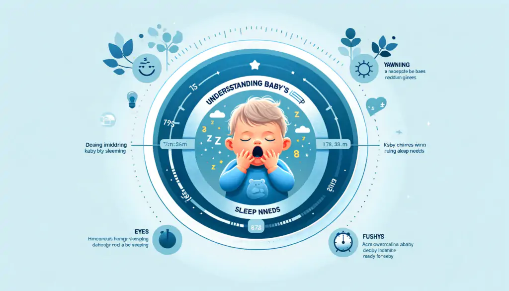 Infographic depicting a baby showing signs of sleepiness such as yawning, rubbing eyes, and fussiness, for the blog section on understanding baby's sleep needs.