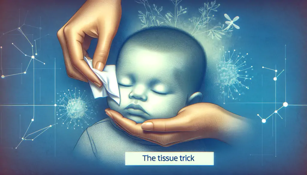 Realistic image of a parent gently using a tissue to soothe a sleeping baby, demonstrating the tissue trick in a serene and caring setting.