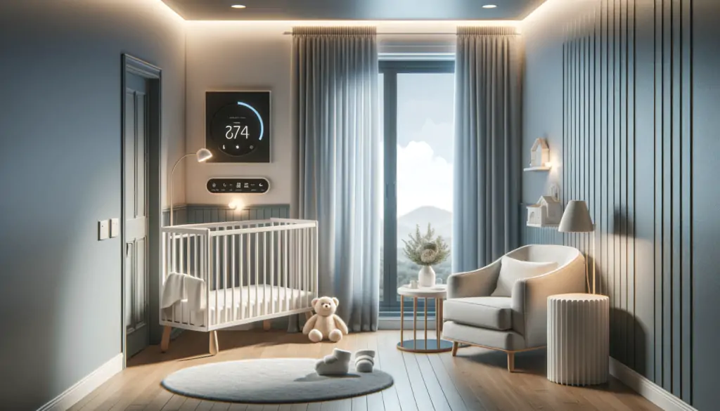 Realistic image of a well-prepared nursery room for baby's sleep, featuring blackout curtains, a cozy crib, a white noise machine, and a displayed comfortable temperature.