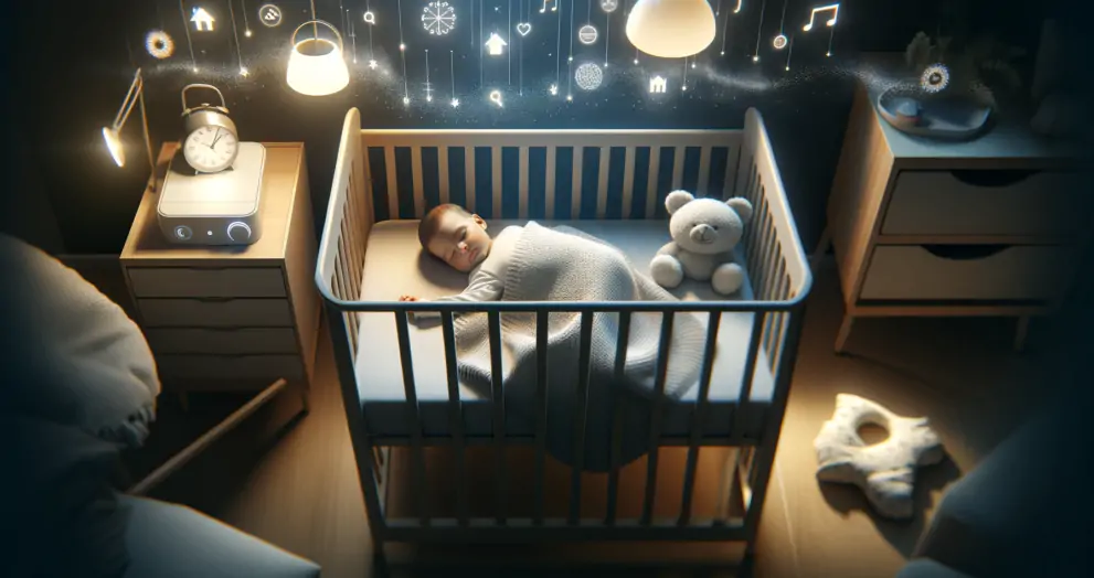 A modern and realistic image of a peaceful sleeping baby in a safe crib environment, surrounded by a dimly lit, serene nursery with subtle elements